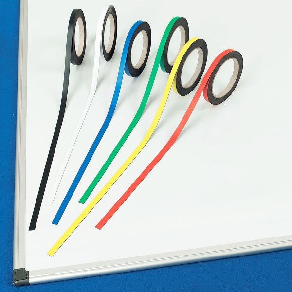 Rolls of coloured magnetic tape for whiteboards