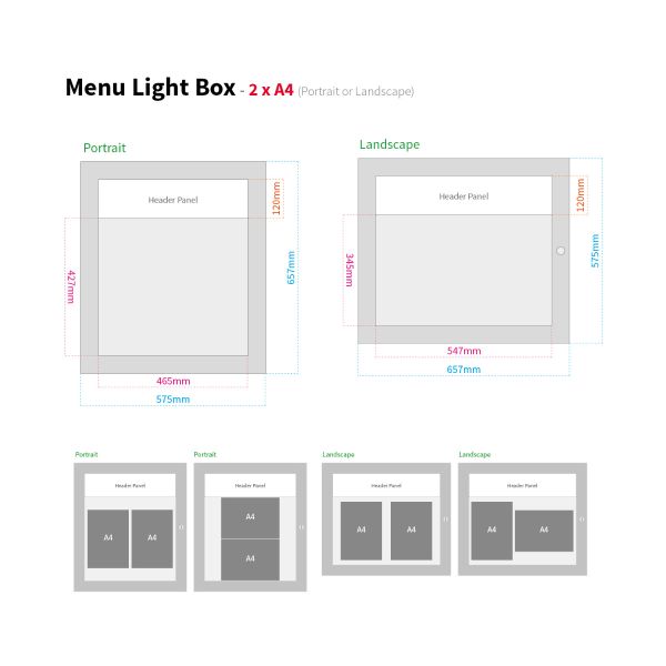 Menu Light Box - 2 x A4 - Drawing Dimensions