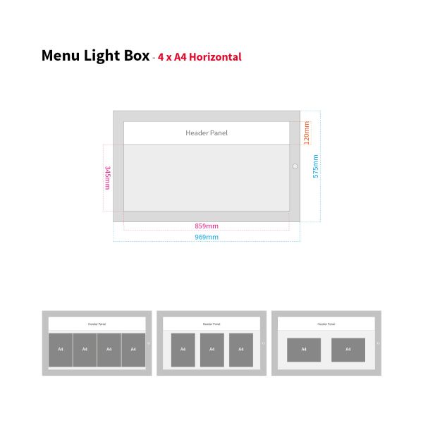 Menu Light Box - 4 x A4 Horizontal - Drawing Dimensions