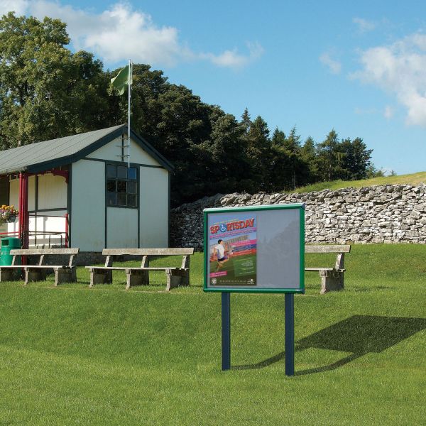 Village Green Example of Shield-Design Exterior Notice Boards - with sunken posts