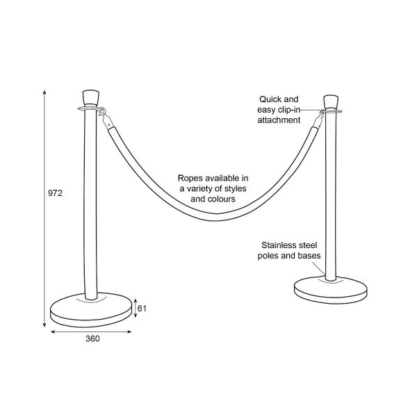 Drawing with details and dimensions for rope and pole barriers