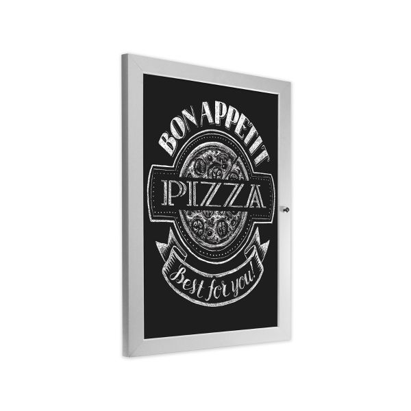 Slimlok Poster Case with Chalk Insert Panel showing pizza artwork