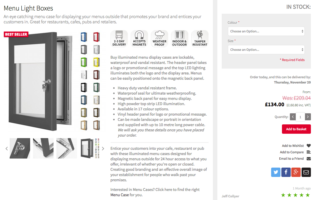 Menu Light Boxes Product Page Screen Shot