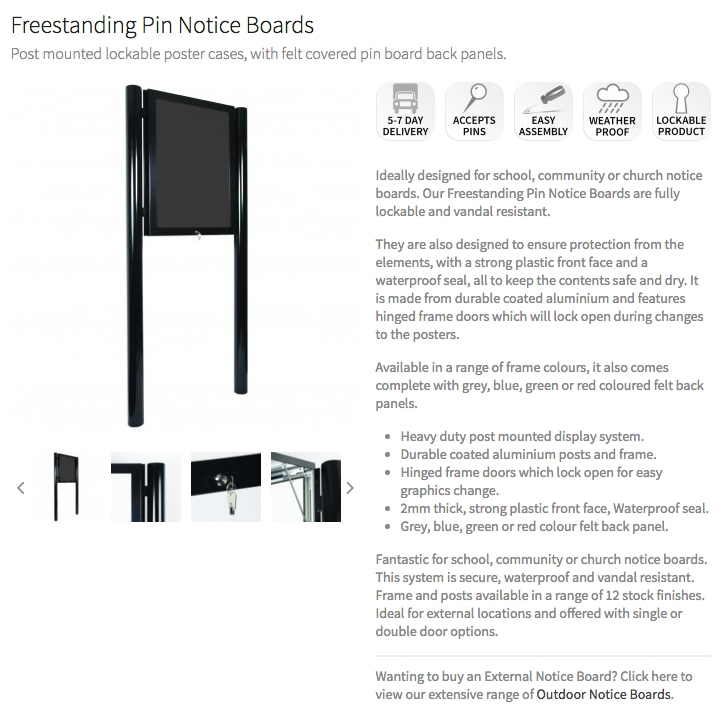 Product information info graphic of a Freestanding Outdoor Pin Notice Board