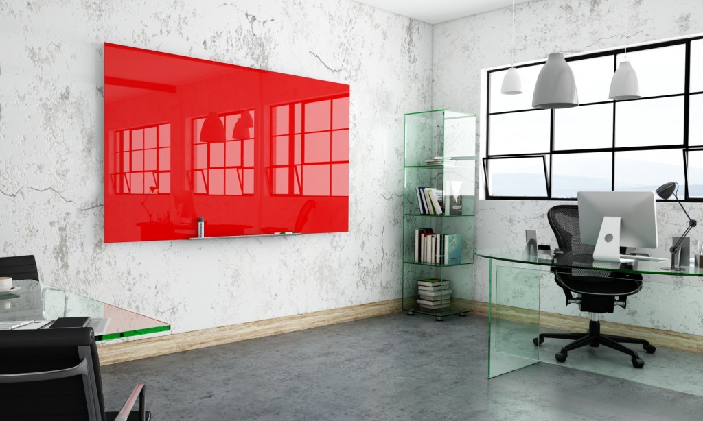 Red Glass Whiteboard in Trendy Modern Office